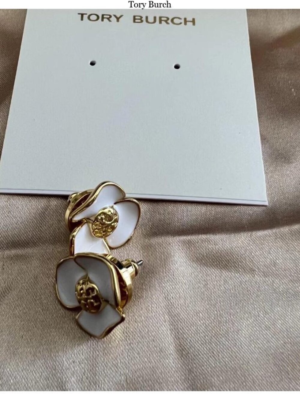 Tory Burch White and Gold Floral Logo Stud Earrings